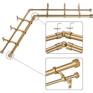 Warm Gold Double Corner Window Curtain Rods with Aluminum End Cap Finials and Brackets, 1 Inch Diameter Dual Bay Window Curtain Rods, Adjustable 2 Sided 36-72 Inch Double Drapery Rod
