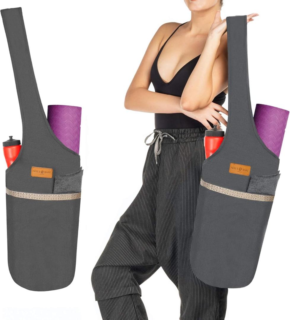 ALLEN & MATE 100% Cotton Unisex Yoga Mat Bag  Versatile Carrier with Mat Straps, Large Storage Pockets Fits Yoga & Pilates Mats (Grey)