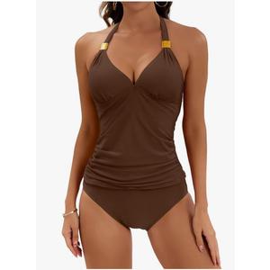 B2prity Halter Tankini Swimsuit for Women Tummy Control Two Piece Bathing Suit V Neck Swimwear with Shorts, M
