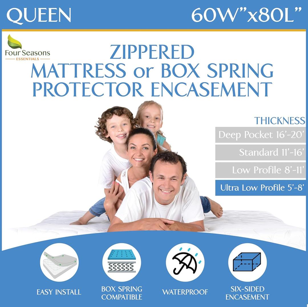Queen Size Mattress or Box Spring Encasement (5" to 8" Depth)  Low Profile Waterproof Zippered Protector Bed Cover, Noiseless, Machine Washable