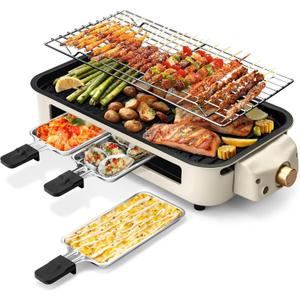 Pukomc Electric Indoor Grill,2 in 1 Indoor Grills for Kitchen with Grill Net & Non-Stick Cooking Removable Plate, Temperature Control, Dishwasher Safe, 1500W Smokeless barbecue (small)