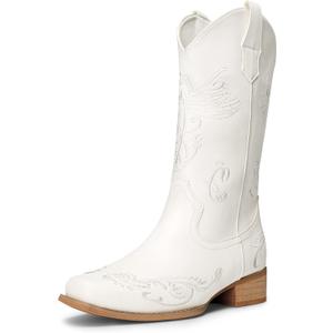 DREAM PAIRS Women's Square Toe Cowboy Cowgirl Boots Pull On Low Chunky Heel Mid Calf Western Boots with Embroidered Stitched for Theme Party Country Concert (10, White)