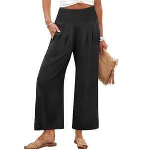 ANRABESS Womens Pants Wide Leg High Waisted Palazzo Pants Summer Flowy Beach Lounge Casual Trousers with Pockets Black, XL