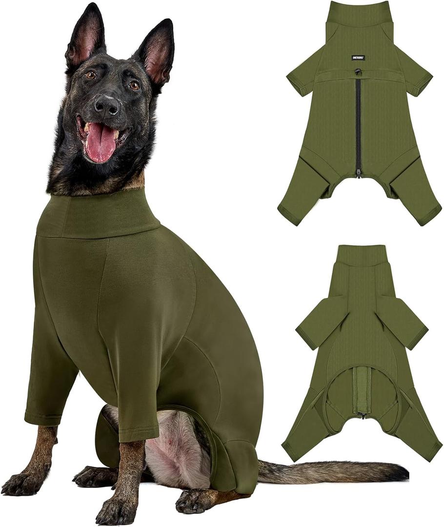 OneTigris Dog Pajamas - Breathable Modal Stretch Dog Clothes, Four-Legged Cold Weather Clothes, Anti-Shedding Suit Onesie with Back Locking Zipper and Adjustable Chest Drawcord (Green)