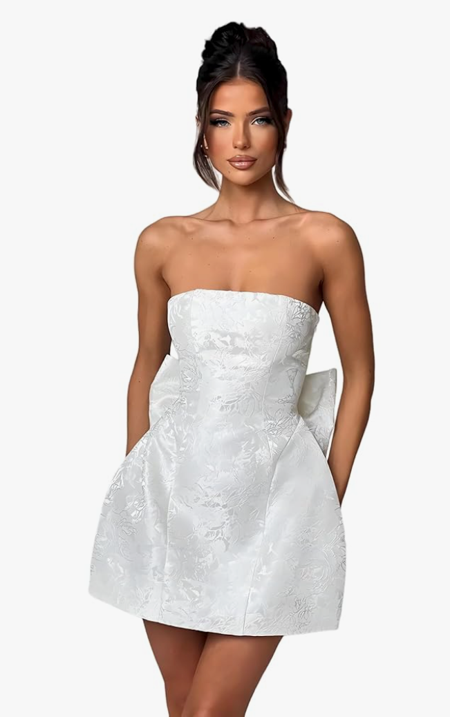JUMISEE Embroidery Satin Homecoming Dress with Bow Modest Strapless Mini Dresses A Line Short Prom Dress Party Gown, M