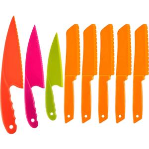 JOVITEC 8 Pcs Kid Cooking Kitchen Knife Set, Plastic Serrated Edges Children's Safe Chef Nylon Knives for Cutting Fruit Bread Cake Salad Lettuce Kids Cooking Supply(Orange Square Knife)