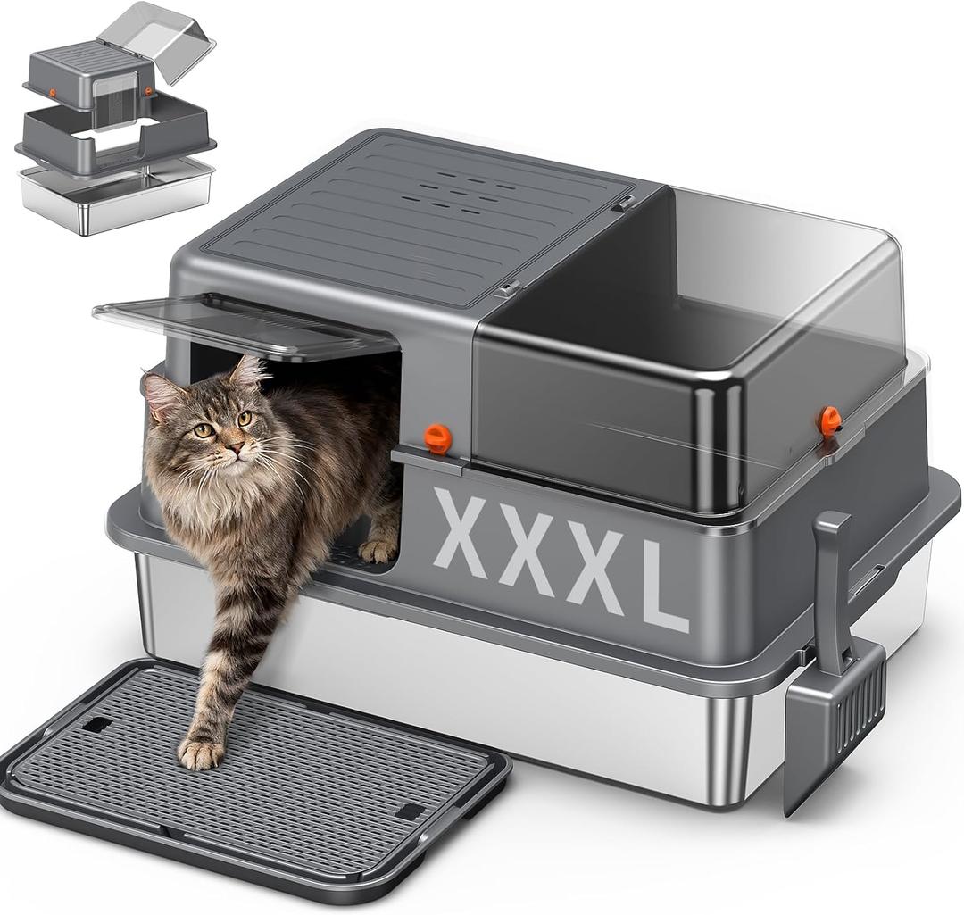 XXXL Stainless Steel Litter Box with Lid28.3" L x 20.2" W x 17.3" H Extra Large Enclosed High Sided Metal Cat Litter Box for Large Cat and Multiple Cats,Non-Sticky, Anti-Leakage, Easy to Clean