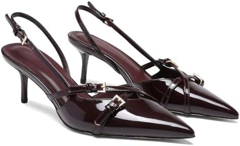Riekhany Heeled Slingback Kitten Heels for Women Closed Pointed Toe Pumps with Buckles Size 10
