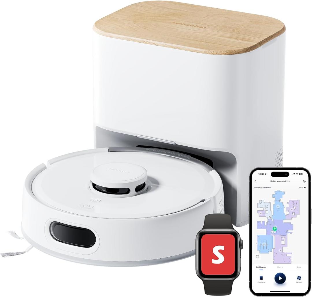 SwitchBot K11+ Robot Vacuum & Mop with Matter, 6000Pa Suction, 90-Day Hands-Free Self-Emptying, LDS Navigation, 3.6 Ultra-Slim, Anti-Tangle for Pet Hair, Works with Alexa, Google Home, Apple Home