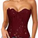LEACOOLKEY Lacework Corset Top for Women Sexy Textured Sheer Floral Lace Bustier Going Out Lace-up Corset Overbust Top (Red, XL)
