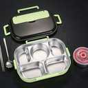Bento Box, Stainless Steel Lunch Box,4Grid Portable Bento Box,Food Storage Container for Adult,The Lid Contains Spoons and Chopsticks(Green)