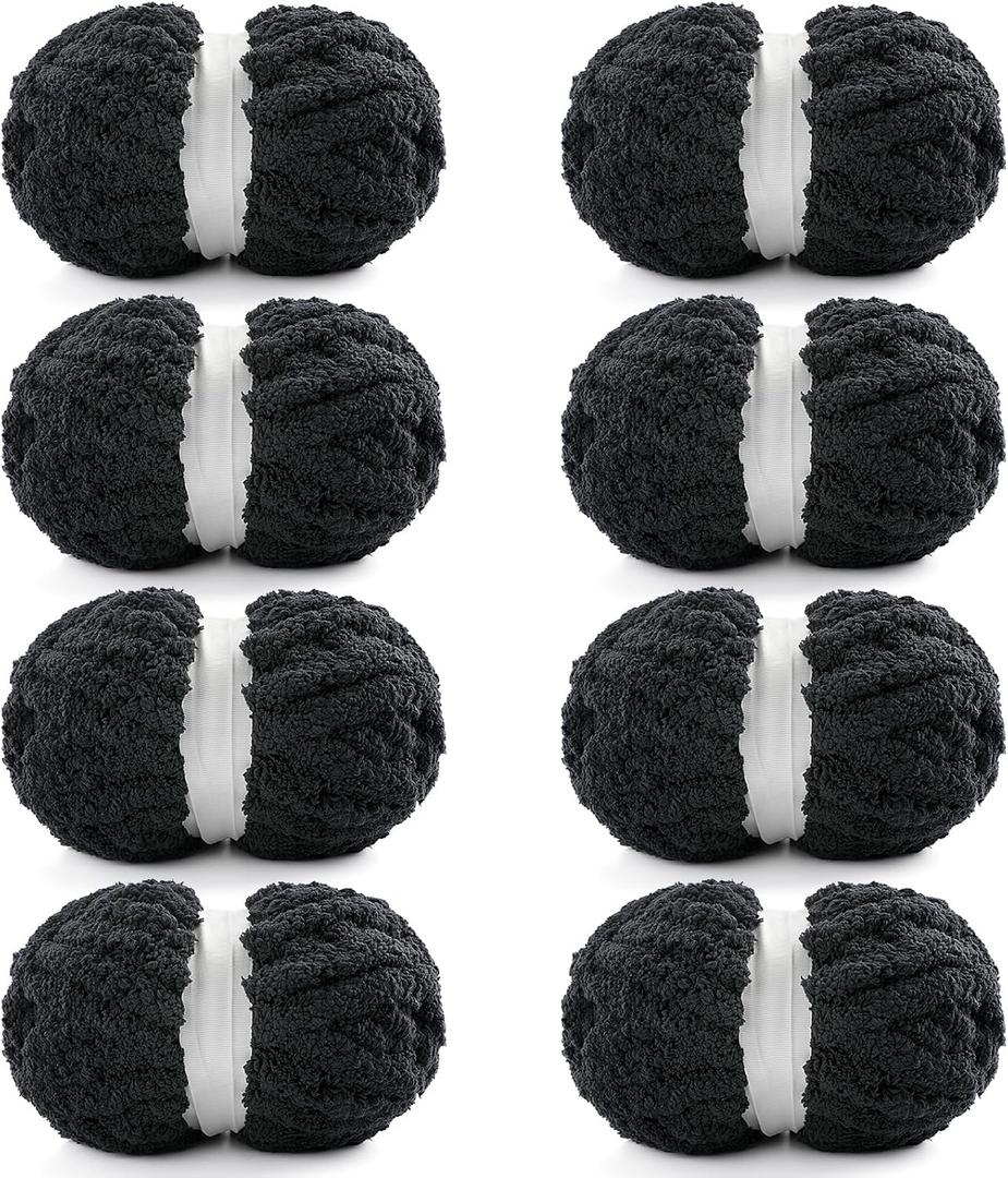 8 Pack Chunky Yarn for Crocheting, Blanket Thick Chenille for Hand Knitting, Soft Chunky for Crochet - 28 Yds 7.7 Oz Each Skein (Black)