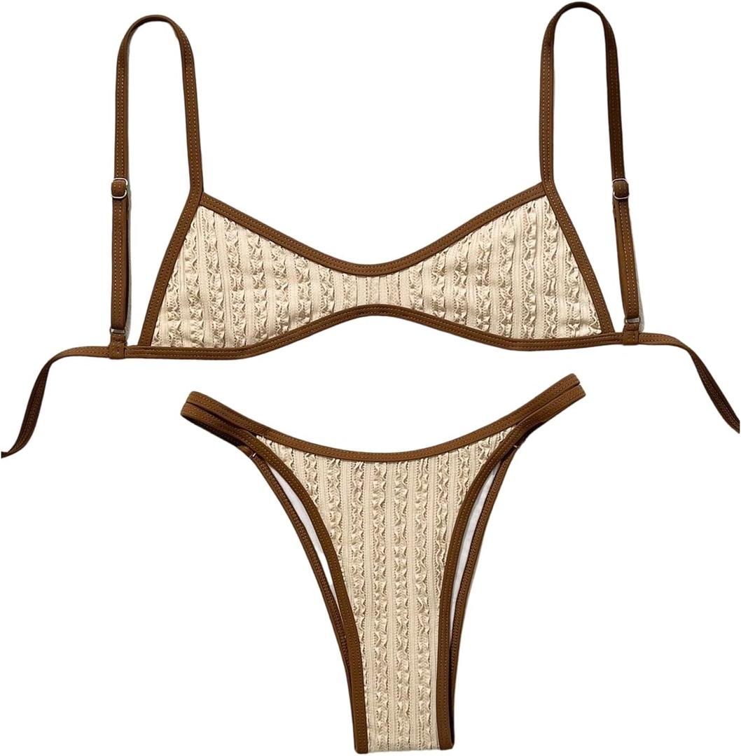 SHENHE Women's Thong Bikini Set Scoop Neck Color Block Swimsuits 2 Piece Bathing Suits Small, Apricot