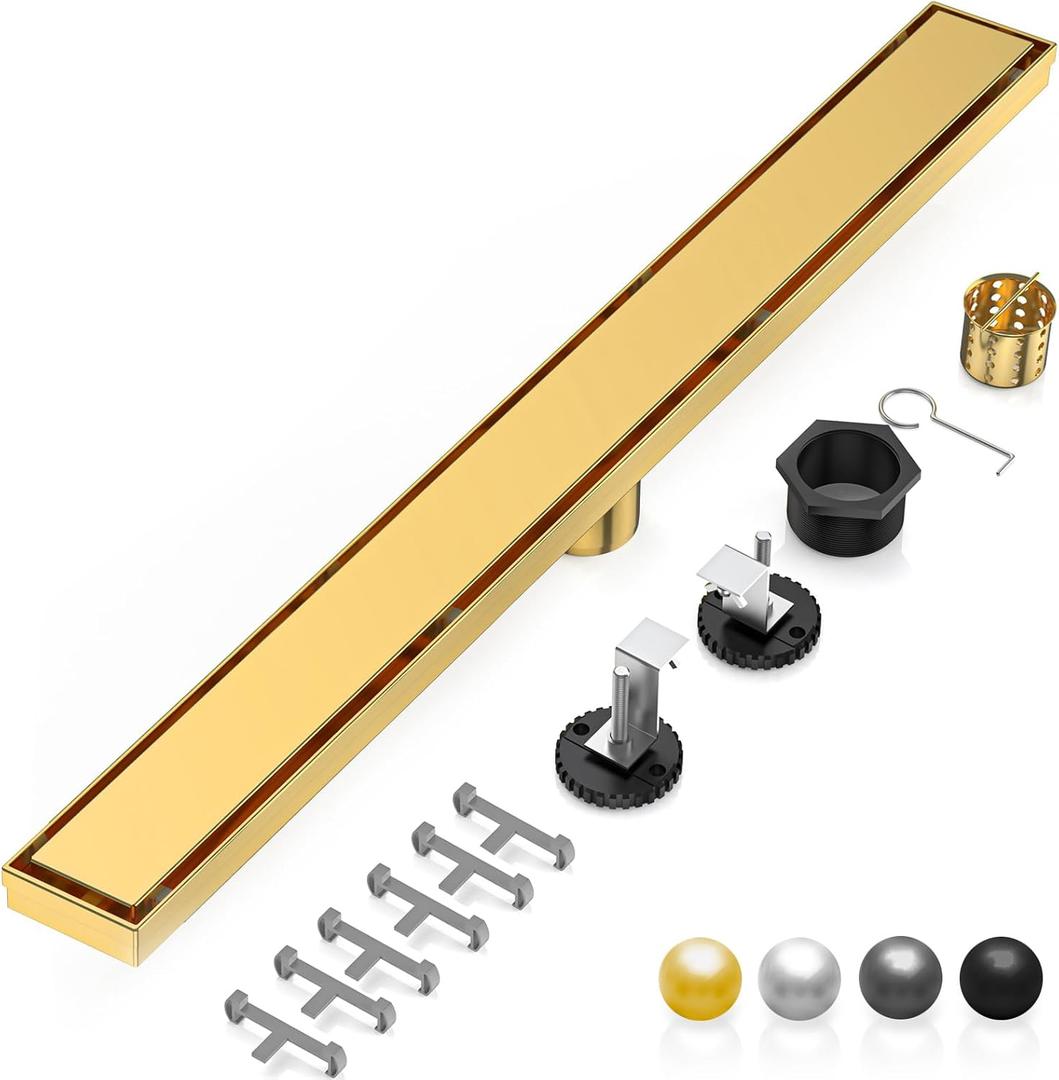 DLONE Linear Shower Drain | 48" AISI 304 Stainless Steel Linear Drain, Brushed Gold Shower Drain with Tile Insert Panel & Adjustable Feet, Long Rectangle Shower Floor Drain in Bathroom, Balcony, etc, Brushed Gold, 48 Inch