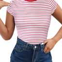 LilyCoco Womens Striped Shirt Cap Sleeve Crewneck T Shirt Color Block Fitted Top Red and White Small Red, Small