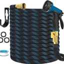 Garden Hose Non-Expandable 100 ft, Lightweight Flexible Water Hose with 10 Function Spray Nozzle, Outdoor Leak Proof, Kink-Free, Portable Hose for Yard, Lawn, Camper, High-Density Fabric, Black Blue