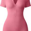 OQQ Women Rompers Ribbed Short Sleeve Zip Front Stretch Tummy Control Yoga Workout Rompers (Small, Dry Rose)