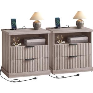 VASAGLE MAXE Collection - Set of 2 Nightstands with Charging Station, Fluted Night Stand, Bedside Table, Mid Century Modern Side End Table, 2 Drawers, 2 AC Outlets, 2 USB Ports, Washed Gray ULET926G01