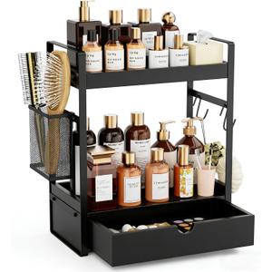 2-Tier Bathroom Counter Organizer with Drawer Basket and Hooks, Wood Bathroom Organizers and Storage for countertop, Farmhouse Black Countertop Organizer, Counter Shelf for Vanity, Kitchen, Office