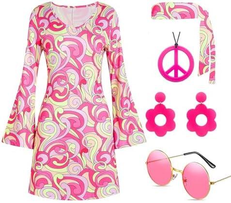 Deerjoke 60s 70s Disco Outfit Hippie Costume Women, 1970 Style Clothes Dress Peace Sign Accessories Jewelry Halloween XXL