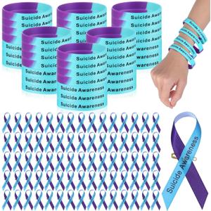 Crowye 300 Pcs Suicide Awareness Accessories Bulk Suicide Prevention Silicone Wristband Awareness Ribbons Pins Inspirational Wristband Unisex Size for Women Men Teen Group Event