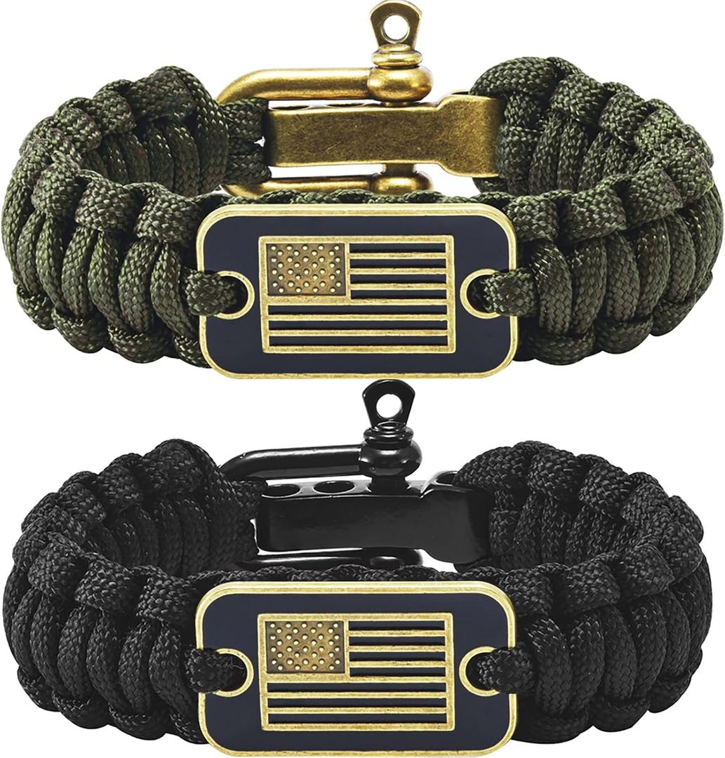 Paracord Bracelets with Bronze USA Flag - Gifts for Military Veterans with Tactical Survival Bracelet - Pulseras Para Hombres - Bracelets for Men (M(8.2-9.2in), Black,Green)
