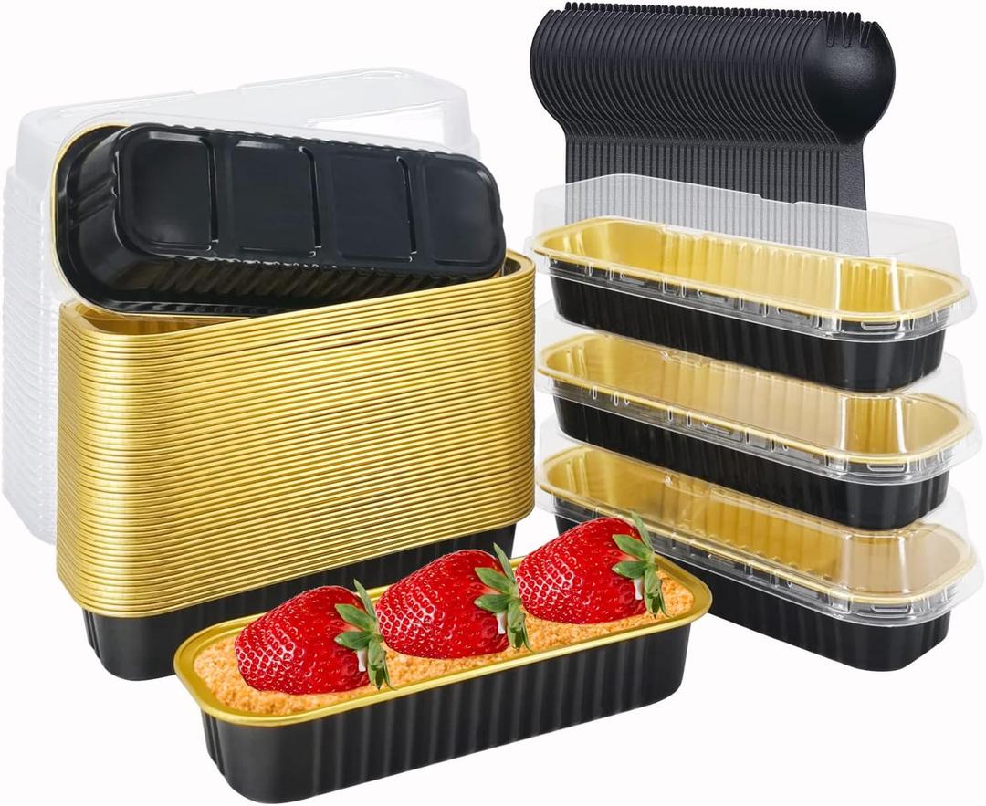 LNYZQUS Aluminum Foil Mini Loaf Pans with Lids 50 Pack, 6.8oz Rectangle Baking Cups Muffin Tins,Disposable Baking Tins Mini Baking Pans Holders -Black In Gold LNYZQUS Aluminum Foil Mini Loaf Pans with Lids 50 Pack, 6.8oz Rectangle Baking Cups Muffin Tins,Disposable Baking Tins Mini Baking Pans Holders -Black In Gold