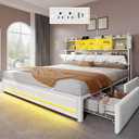 DWVO Queen Size Bed Frame with RGB LED Lights & Storage Bookcase Headboard, Upholstered Bed with Charging Station and 4 Drawers, No Box Spring Needed, Easy Assembly, Noise-Free, PU Leather White