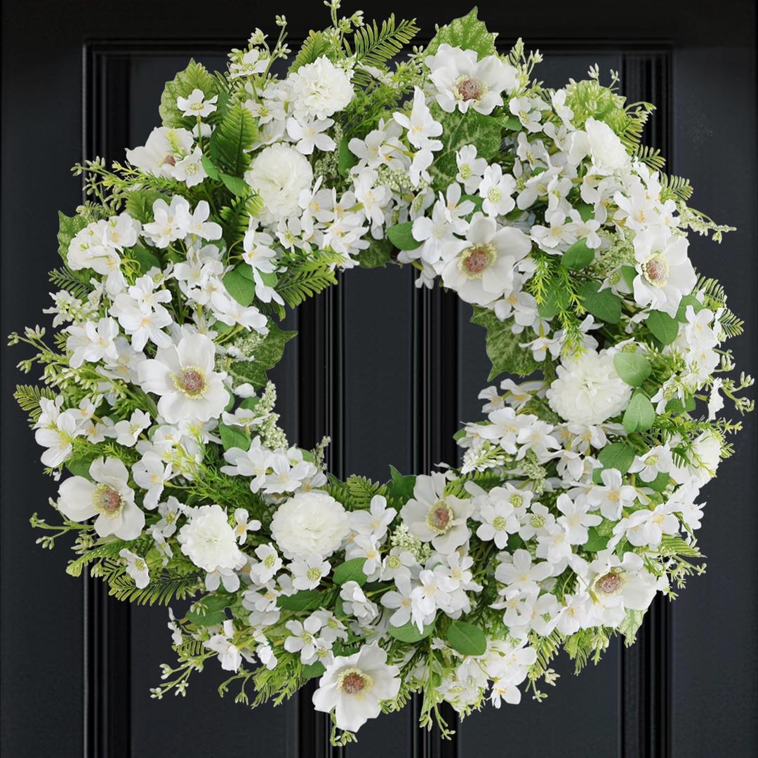 White Faux Silk Flower Spring Summer Easter Wreath 24-26" for Front Door  Anemone Daisy Tagetes Erecta Green Eucalyptus and Fern Leaves  Farmhouse Front Porch Wreath, Outdoor Indoor Use