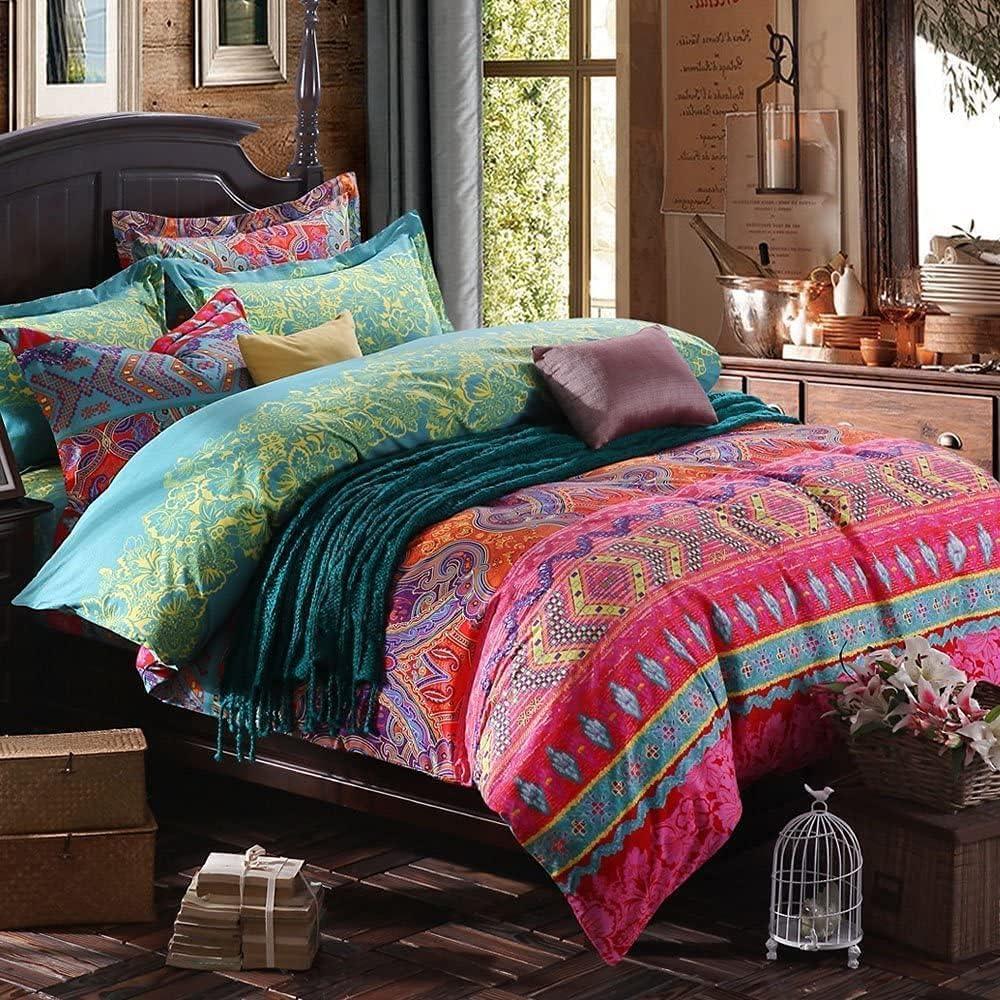 Jane yre King Duvet Cover Set Boho Cotton 3 Pieces Exotic Red Teal Bohemian Colorful Retro Printed Luxury Breathable Comfy