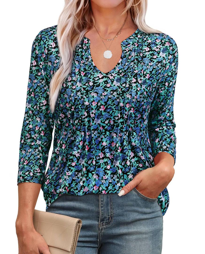Uhiger 3/4 Sleeve T Shirts for Women V Neck Tunic Tops to Wear with Leggings Dressy Tops for Women Night out Fancy Evening Blouses Business Casual Office Attire Peasant Work Clothes Blue Floral XL