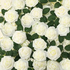 Zeyune 200 Pcs Artificial Rose Flowers Foam Fake Rose Bulk Faux Flower with 100 pcs Stem for DIY Wedding Bouquet Centerpieces Floral Arrangement Bridal Shower Party (White)