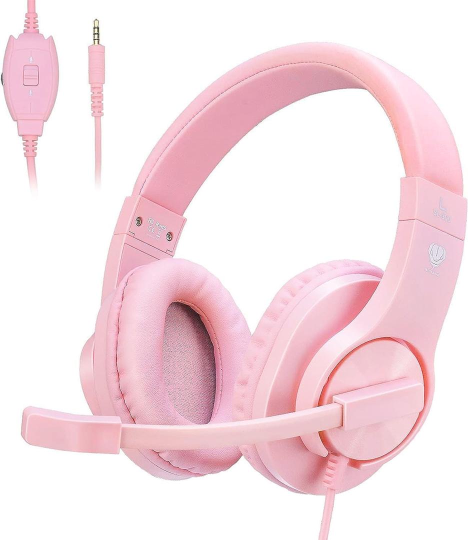 DIWUER Gaming Headset for Xbox One, PS4, PS5, Nintendo Switch, Bass Surround and Noise Cancelling 3.5mm Over Ear Headphones with Mic for Laptop PC Smartphones, Pink