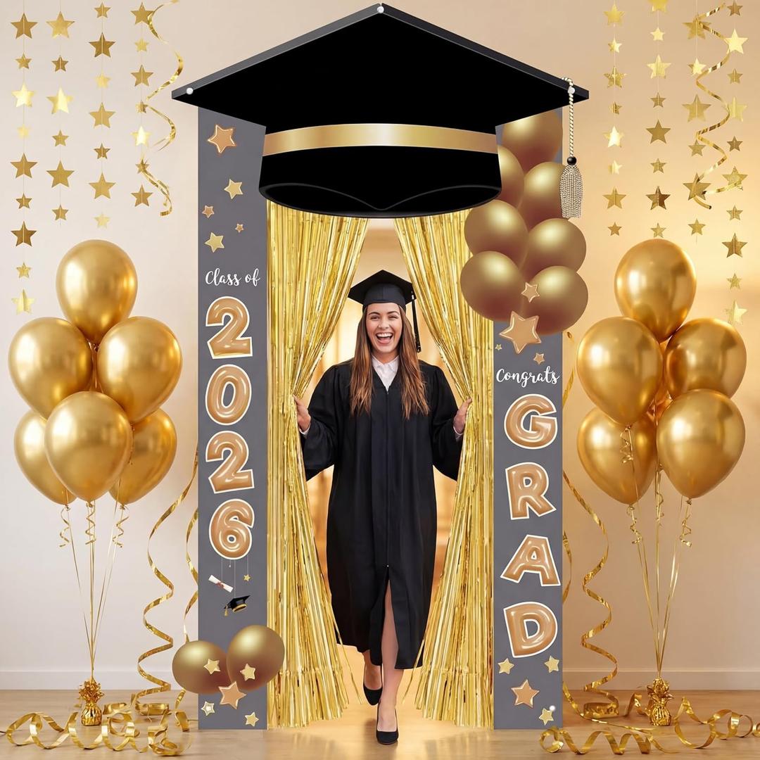 Graduation Door Decoration Class of 2026 Gold Graduation Backdrop Decoration for College High School with Tinsel Curtain Grad Arch Photo Background Porch Sign for College Party