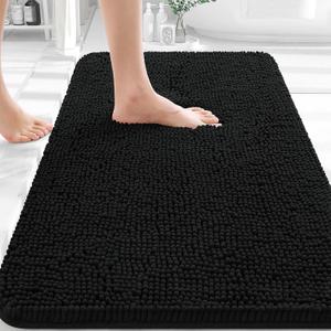 OLANLY Black Bathroom Rug 30x20, Extra Soft Absorbent Chenille Bath Rugs, Rubber Backing Quick Dry, Machine Washable Bath Mats for Bathroom Floor, Tub and Shower, Home Decor Accessories
