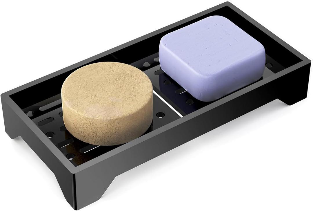 NiHome Self Draining Acrylic Soap Dish for Shower, Durable Bathroom & Kitchen Soap Saver Soap Holder, Soap Tray Slotted Design to Keep Bar Soap Dry and Free from Residue, Easy to Clean (Black)