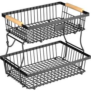 2 Tier Fruit Basket for Kitchen Counter with 2 Banana Hangers, Countertop Metal Bread Basket with Wooden Handle, Large Storage Stand for Vegetables, Snacks, Eggs, Produce Storage Black