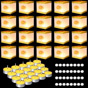 Baquler 72 Pieces Square Lanterns Lotus Pattern Chinese Wooden Paper Lanterns with Tea Candles and Adhesive Pads for Water Pool River Memorial Wishing Blessing