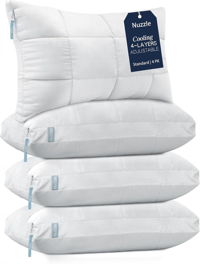Nuzzle Neck Pillow Adjustable Standard Size Set of 4,Soft Luxury Hotel Feel | Bed Pillows Standard Set of 4 with Adjustable Height & Firm Feel for Side, Back and Stomach SleepersGift for Women & Men
