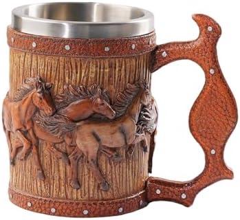 Wooden Barrel Beer Mug, 20oz Stainless Steel Horse Mug Coffee Cup Horses Gifts for Women Men Gift for Birthday Christmas, Gothic Decor Party Decoration Drinkware Gift
