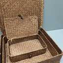 Hipiwe Set of 2 Flat Woven Wicker Storage Bins with Lid Natural Seagrass Basket Multipurpose Home Boxes for Shelf Organizer (Coffee)