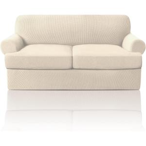 PrinceDeco T Cushion Loveseat Slipcover 3 Pieces Sofa Covers for T Cushion Sofa Stretch Slip Covers for 2 Cushion Couch with 2 Individual T Shape Seat Covers Width Up to 76"- Washable, Natural