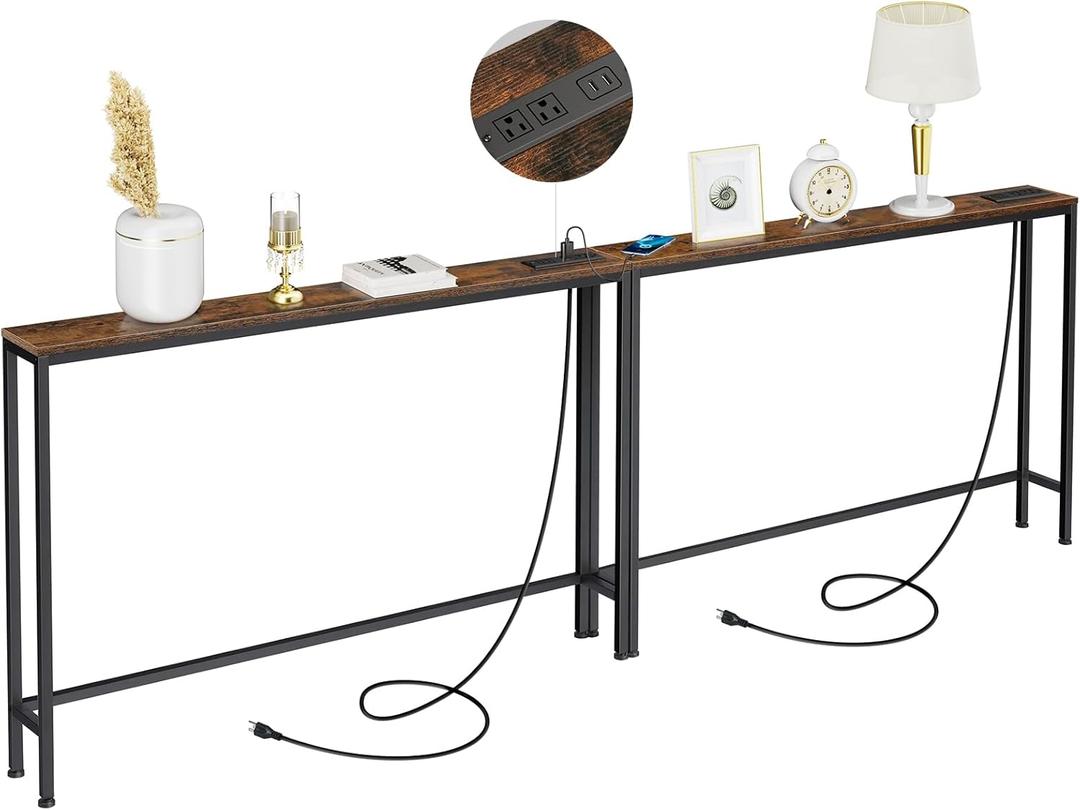 2 Pack Console Sofa Table with Power Outlets, 94.4" L x 5.9" W x 31.8" H Long Couch Table with Metal Frame and Charge Station with Extension Cord, Behind Couch Table, Rustic Brown  