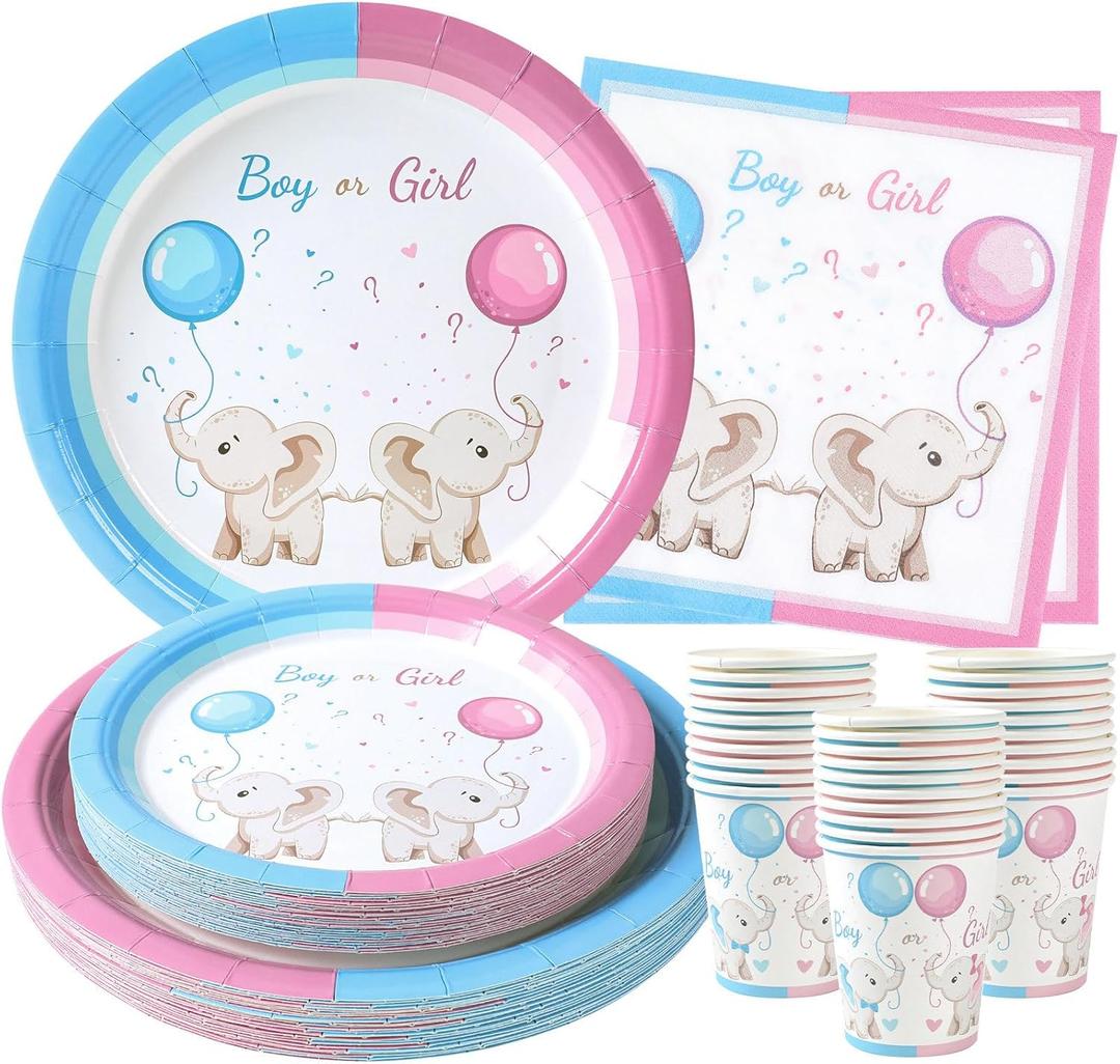 Baby Gender Decoration Kit 96 Pieces, Pink and Blue Plates Set, Boy or Girl Elephant Cups