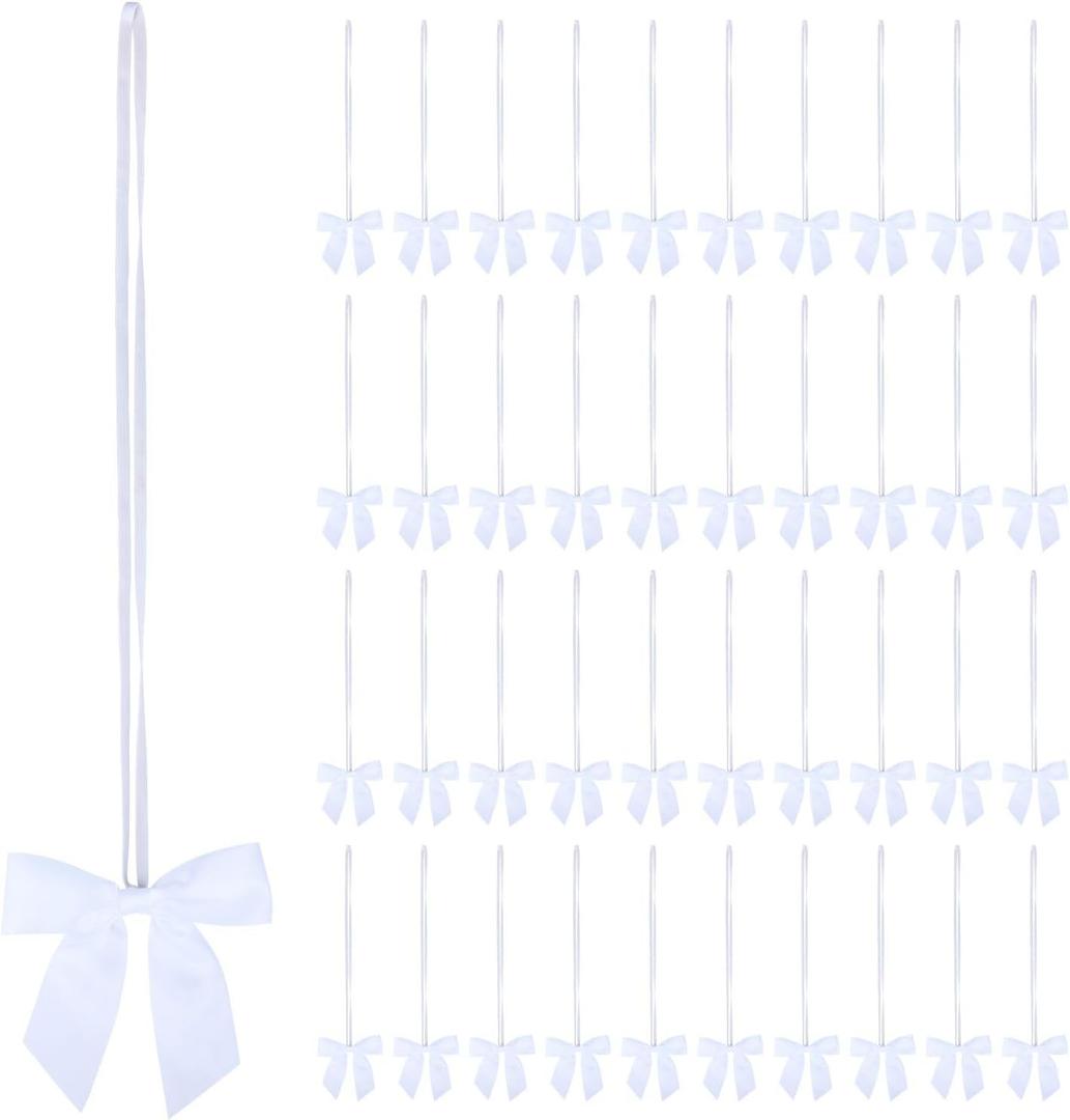50pcs 14 Inch Stretch Elastic Loops with Pre-Tied White Ribbon Bows for Gift Wrapping,Baby Showers, Weddings, Christmas Boxes (14", White)
