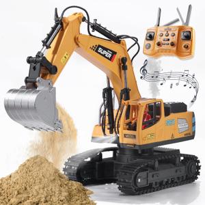 Remote Control Excavator Toys for Boys,16 Channel RC Excavator Construction Toys with Metal Shovel & Light,Simulated Smoke,Christmas Birthday Gift Toy for Boys 3-5 4-7 8-12 Year Old Kids (Yellow)
