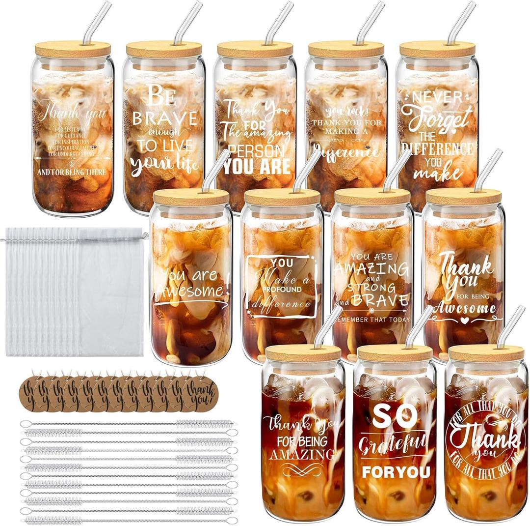 12 Set Thank You Gifts Employee Appreciation Gifts Bulk, 16 oz Glass Cups with Lids Straws Brushes and Gift Cards for Staff Coworker Friends Teacher Nurse