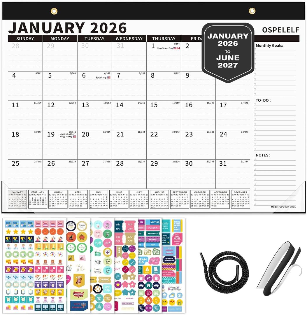 Ospelelf 2026-2027 Calendar Magnetic Desk Wall Desktop Monthly Planner from January 2026 - June 2027 Large To Do Pad with Plastic Cover for Office 17" X 12" Black