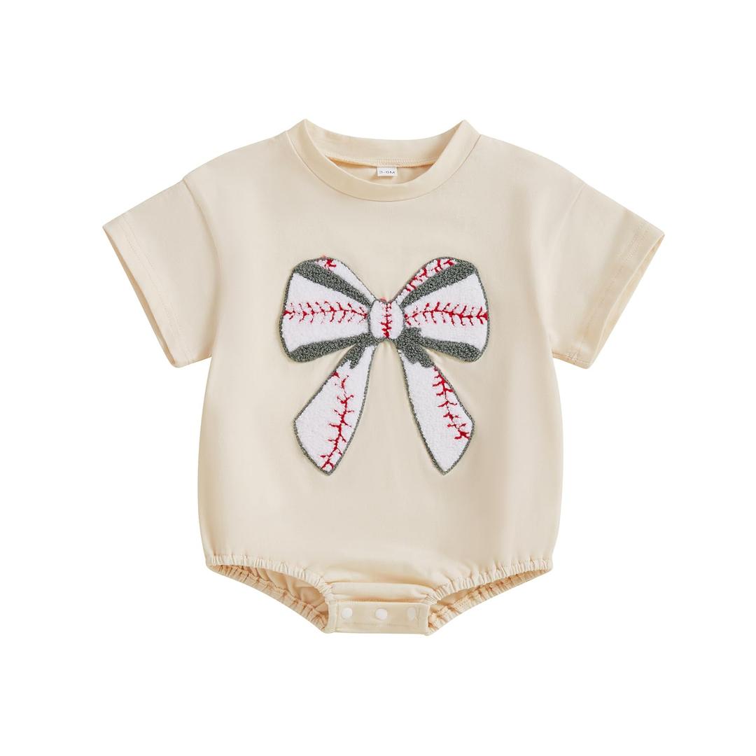 Nibbcoa Newborn Baseball Outfit Baby Girl Baseball Bow Embroidery Bubble Romper Short Sleeve One Piece Sweater Bodysuit (Beige, 0-3 Months) (Beige)