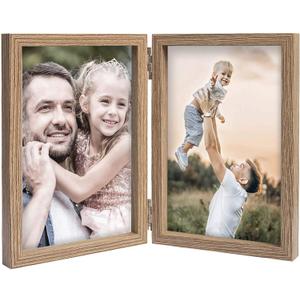 4x6 Picture Frames Double Hinged MDF Wood Grain with Glass Front Stand Vertical on Tabletop